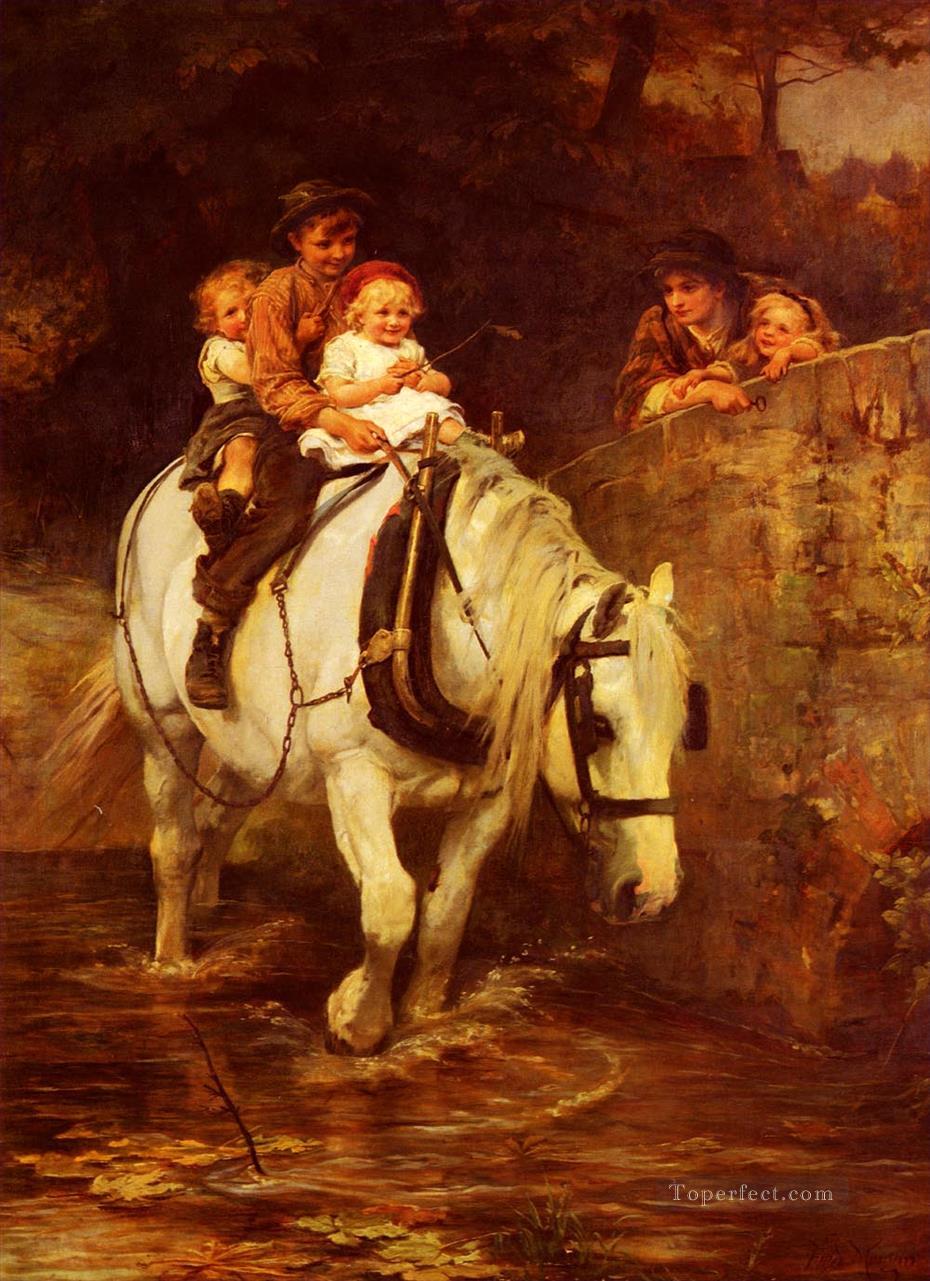 Famille rurale stable Frederick E Morgan enfants animaux Peintures à l'huile